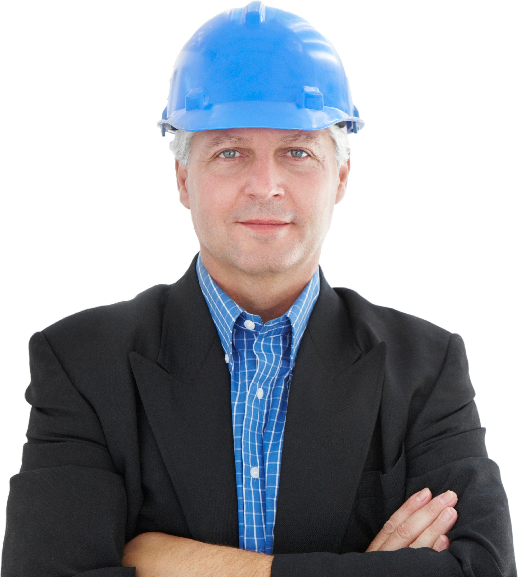 A site manager in a hard hat and jacket, arms folded